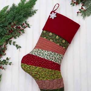 Personalized Quilted Christmas Stocking, Patchwork Design,  Farmhouse Decor