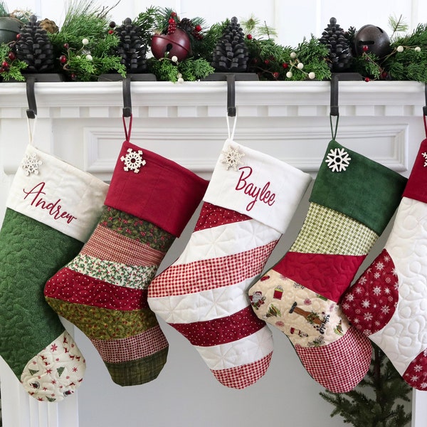 One (1) Quilted Christmas Stocking, Country Christmas Stocking, Farmhouse Christmas Stocking, Rose Cottage Patterns