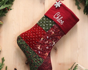 Personalized Quilted Christmas Stocking, Patchwork Design, Farmhouse Decor
