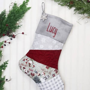 Quilted Christmas Stocking. Personalized Christmas Stocking, Farmhouse Christmas Stocking, Gray Christmas Stocking, Country Christmas