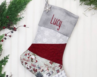 Quilted Christmas Stocking. Personalized Christmas Stocking, Farmhouse Christmas Stocking, Gray Christmas Stocking, Country Christmas