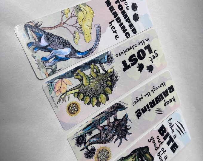 Pen and Marker DINOSAUR Art Print 4 Pack Laminated Flat Bookmarks