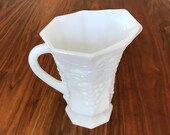 Vintage Footed MILK GLASS PITCHER Small Mid-Century Harvest Grape Pattern 6 quot