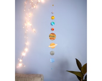 SOLAR SYSTEM wall hanging - Hand-painted original celestial - Minimal home decor - Colourful home decor - Galaxy garland Planets wall art