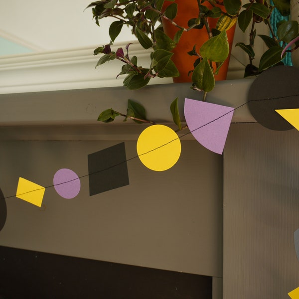 Multi shape garland - JEM collection 7ft handmade garland - Yellow, black, lavender paper - Gothic glam wedding, party decor, mantle decor