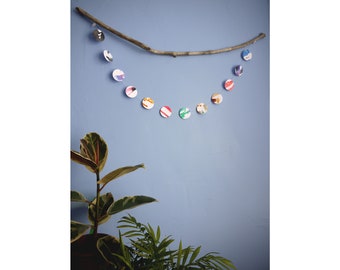 Perennial Full moons wall hanging - Hand-painted ink art - Lunar garland moon wall art - moons calendar - moon garland - moon cycle