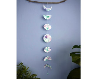 THUNDER Moon phases wall hanging-Hand-painted ink art-lunar calendar-Lunar garland purple & green moon wall art-moon calendar-Full moon July