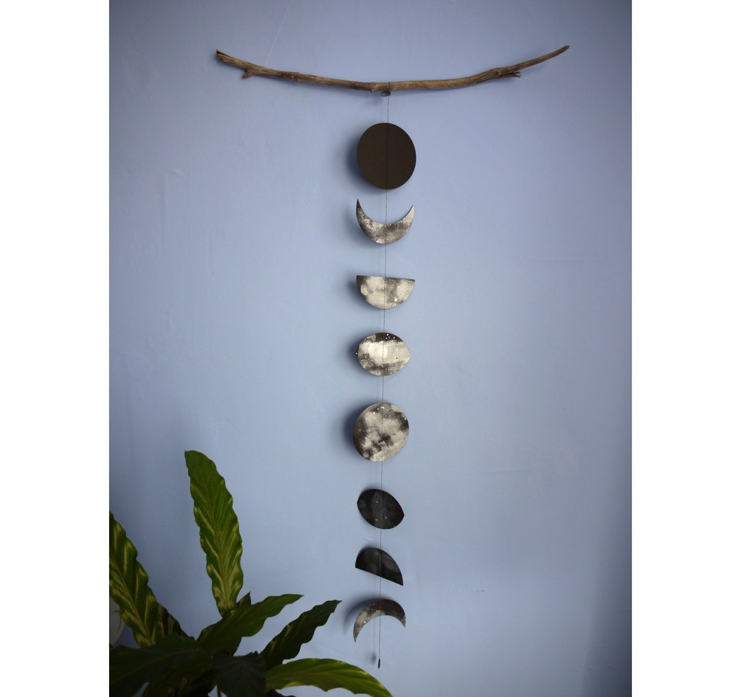 Moon Phases Wall Hanging Handpainted Black and Silver Interactive