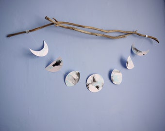 SNOW Moon phases wall hanging - Hand-painted ink art - lunar calendar -Lunar garland icy blue moon wall art-moon calendar-Full moon February