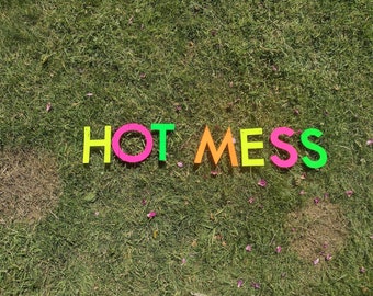 HOT MESS letter banner - funny home decor paper garland in mixed neon. Bold, bright sign. Hot girl summer vibes