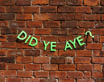 DID YE AYE? Glasgow, Scottish banner, scottish slang humour banter, funny home decor in neon green