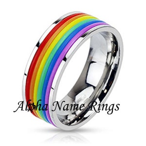 Stainless Steel Rainbow Ring For Men or Women LGBT Pride Promise Ring Optional LASER Engraving Available  ANR-M2149