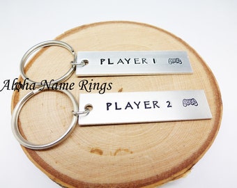 PLAYER 1 and PLAYER 2 - Custom Hand Stamped Aluminum Key Chain SET. A Must for Gamers!