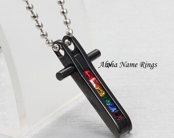Personalized Necklace LGBT Stainless Steel Cross Vertical Paved Rainbow Square Gemmed Pendant. Custom Laser Engraving Available