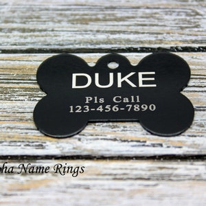 Black Aluminum Bone Dog ID Tag,  Laser Engraved Pet ID Tags for Medium to Large Dogs. 1 side. 2nd Side optional. NEW Lower price!!