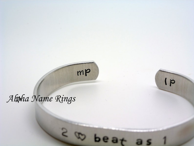 Custom Hand Stamped 2 hearts beat as 1 Personalized Aluminum Bracelet Adjustable and fits most.