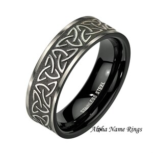 Tribal Celtic Trinity Knot Black Stainless Steel Ring For Men or Women Optional LASER Engraving Available Promise Ring-ANRM7931