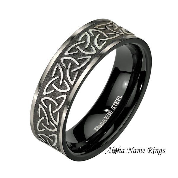 Tribal Celtic Trinity Knot Black Stainless Steel Ring For Men or Women Optional LASER Engraving Available Promise Ring-ANRM7931
