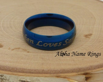 Domed Blue Stainless Steel Ring For Men or Women Optional LASER Engraving Available Promise Ring-R004