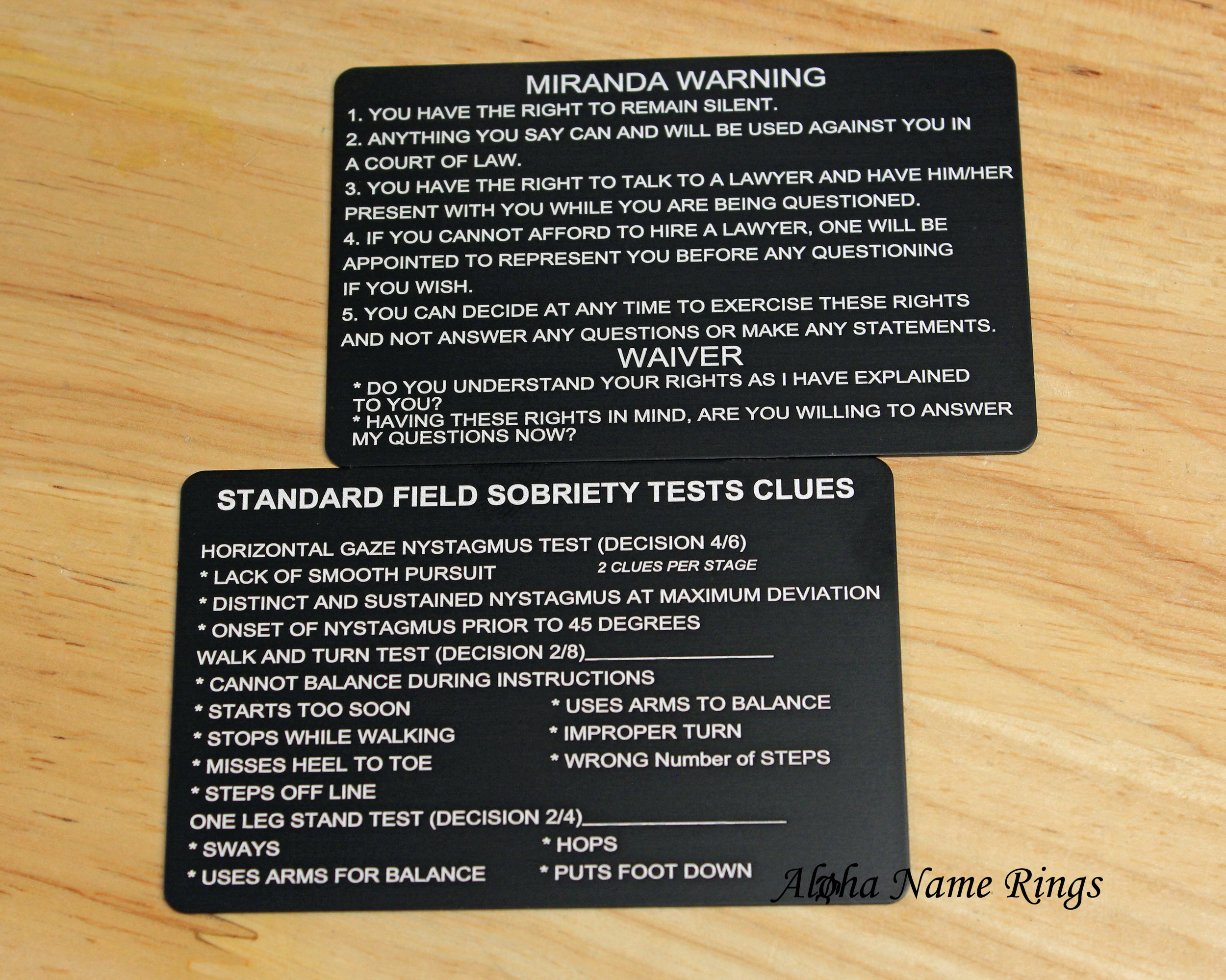 Standard Field Sobriety Test / Miranda Warning Wallet Card for Law