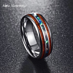 Tungsten Carbide Ring With Hawaiian KOA Wood and Sea Shell Inlay. Comfort Fit Band includes Complimentary LASER Engraving