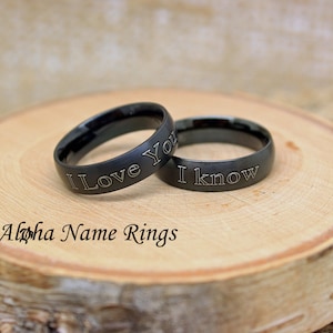 I Love You - I Know. Couples Black Stainless Steel Rings, Bands. His and Hers Rings ANR-R027K-CP