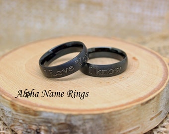 I Love You - I Know. Couples Black Stainless Steel Rings, Bands. His and Hers Rings ANR-R027K-CP
