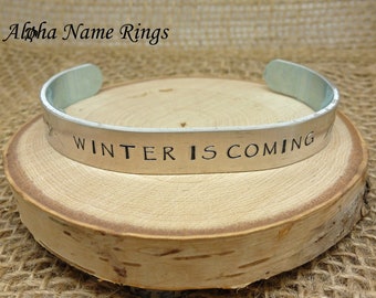 WINTER IS COMING  - Custom Hand Stamped Personalized Aluminum or Copper Bracelet 3/8" x 6" Adjustable cuff, Mountain Range