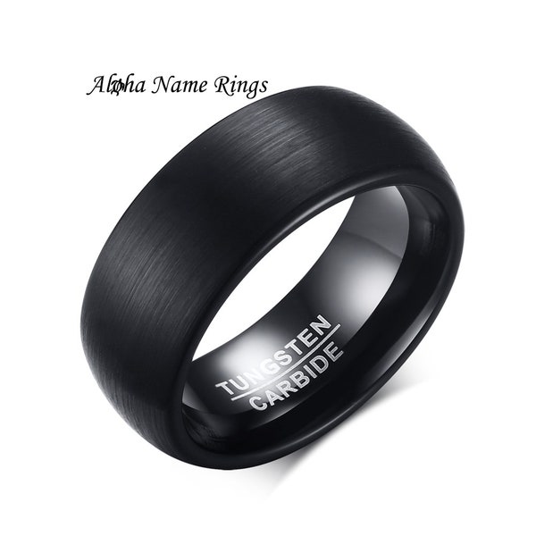 Solid Tungsten Carbide Domed Ring. Brushed Matte Black Comfort Fit Wedding Band for Men and Women includes FREE LASER Engraving