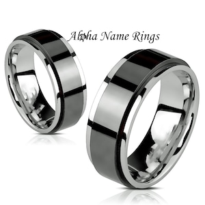 Steel & Black Spinner Ring - Personalized Ring Friendship band Optional LASER Engraving Available  6-8mm - ANRH1658