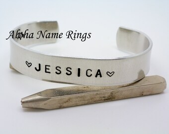 Custom Hand Stamped Name bracelet. Personalized Aluminum Cuff Bangle 1/2" x 6" Adjustable and fits most.