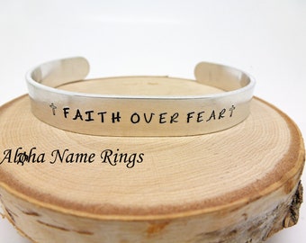 FAITH OVER FEAR - Custom Hand Stamped Aluminum or Copper Bracelet Adjustable. Great Gift for Mom or Dad, Gift for friends, Religious