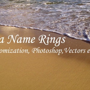 May include: Aloha Name Rings, a graphic design service offering custom name rings with extra customization options like Photoshop and vector art. The image shows a sandy beach with a wave lapping at the shore. The text is in white against the sandy background. The price is $5.00.