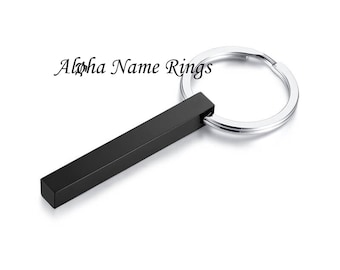 Personalized Stainless Steel Black 4 Sided Bar Cuboid keychain Custom Laser Engrave One to Four Sides. Great Gift For Him or Her
