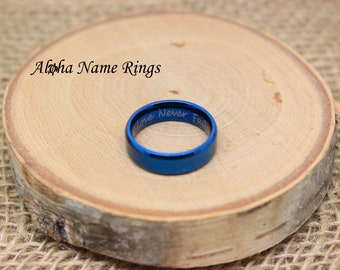 Personalized Blue Stainless Steel Beveled Edge Flat Band Ring. Optional LASER Engraving Available ANR-084