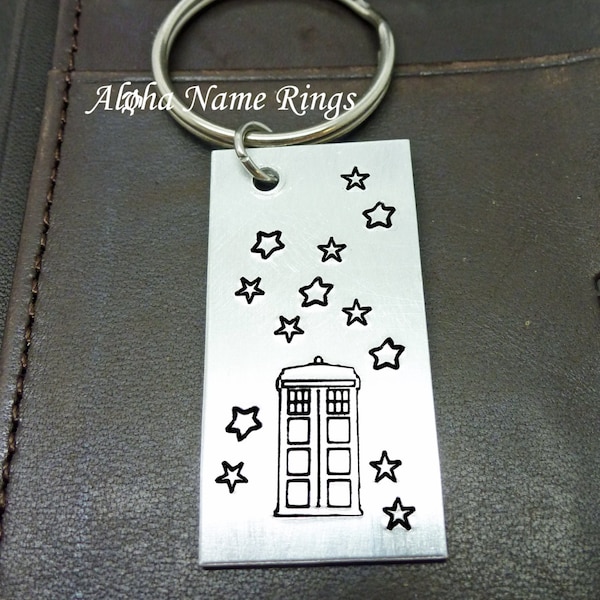 Tardis - A Whovian must have!! Custom Hand Stamped Aluminum Key Chain. Dr Who Geek Quote