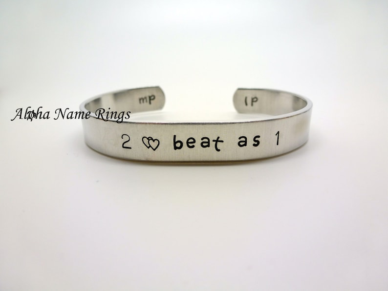 Custom Hand Stamped 2 hearts beat as 1 Personalized Aluminum Bracelet Adjustable and fits most.
