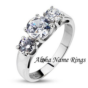 Stainless Steel Triple Prong Set 3 CZ Engagement Ring Optional LASER Engraving Available M2181