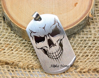 Laser Engraved Skull On Silver Stainless Steel Military Style Dog Tag Pendant with USA Ball Chain. Personalized Message on back is optional