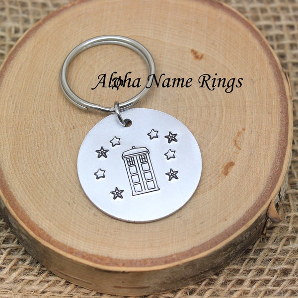 Tardis - A Whovian must have!! Custom Hand Stamped Round Aluminum Key Chain. Dr. Who Geek Quote