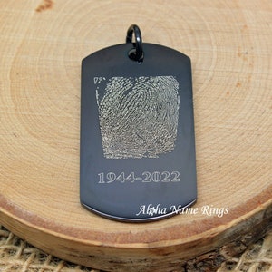 Your own Fingerprint & Handwriting! Black Stainless Steel Military Style Med Dog Tag. Handwritten words of your loved ones to keep with you!