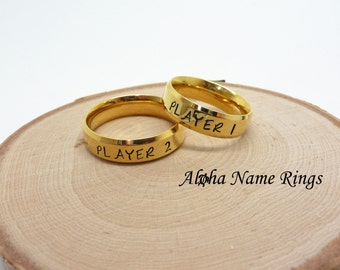 PLAYER 1 <> PLAYER 2 <> Set of 2 <> Video Games Jewelry <> Hand Stamped Stainless Steel Gold Rings <> ANR-R081