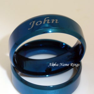 Personalized Blue Stainless Steel Beveled Edge Flat Band Ring. Optional ...
