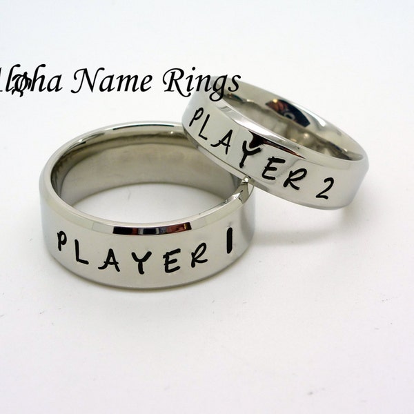 PLAYER 1 or PLAYER 2 <> Video Games Jewelry <> Hand Stamped Stainless Steel Rings <> ANR-R-M0006