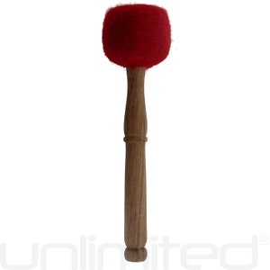 May include: A red felt mallet with a wooden handle. The mallet is used for striking instruments like gongs and singing bowls.