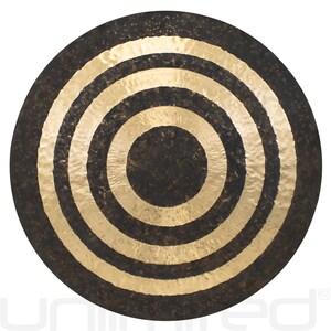 May include: A large, round, dark brown gong with three concentric gold rings. The gong has a hammered texture and a central circle.