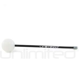 May include: A white, round, soft-headed drumstick with a black shaft and the word "unlimited" printed on it.