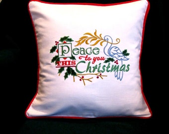 Christmas Pillow Cover Embroidered "Peace This Christmas" Holiday Decorative