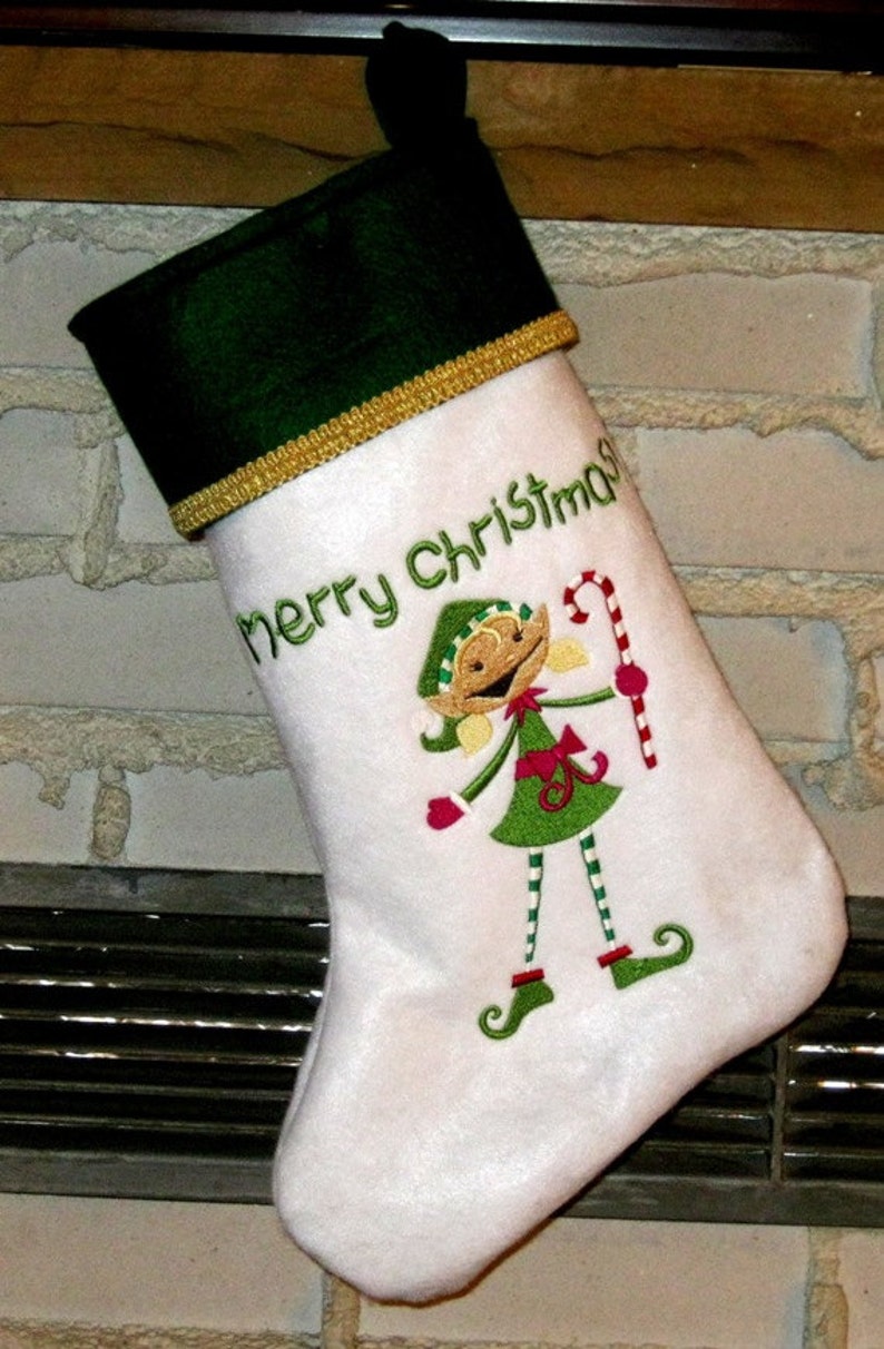 Children Christmas Stocking Felt handmade embroidered personalized Elf and Candy Cane