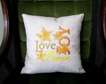 Pillow Cover Linen Embroidered Peace, Love, Joy Decorative